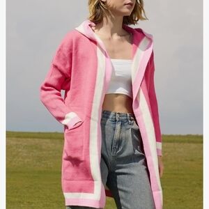 Women's Bright Colorblock Pink and White Knit Hooded Sweater Cardigan Small